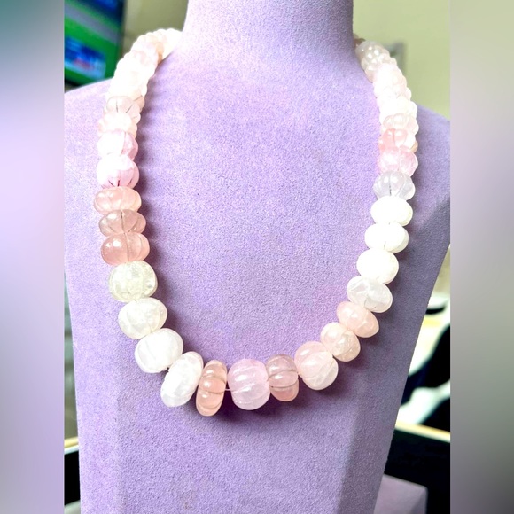 *SOLD LOCALLY* Natural Rose Quartz Carved Bead Necklace - Picture 1 of 3